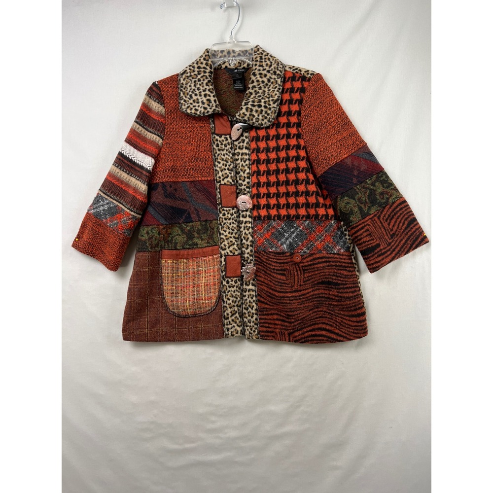 Ali Miles Patchwork Jacket Womens PS Orange Brown Mixed Print Art To Wear Button